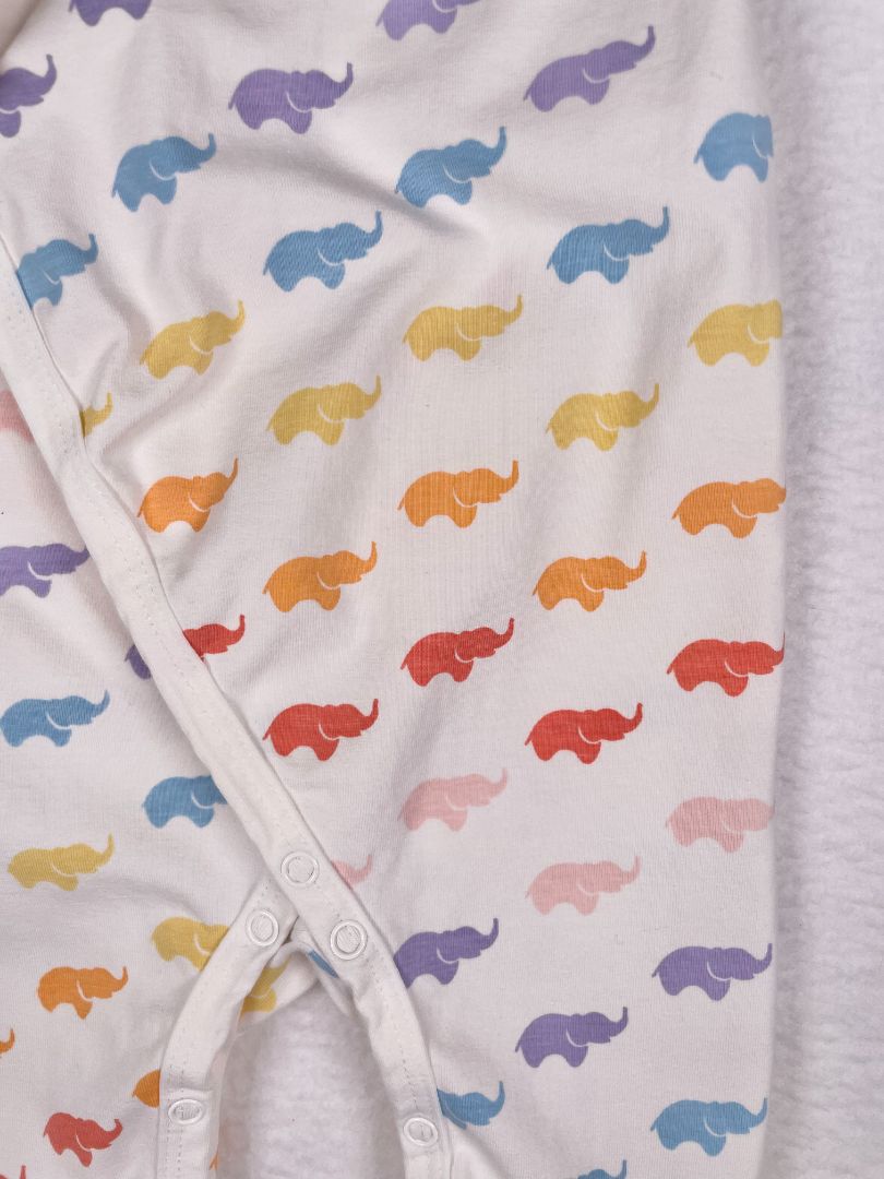 3-6 mo, Monica + Andy, White, Rainbow elephant print kimono tie one-piece, organic cotton + stretch