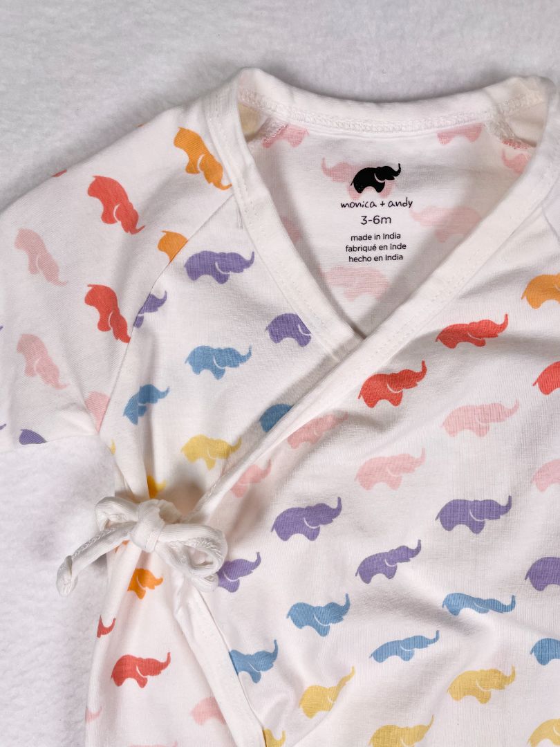 3-6 mo, Monica + Andy, White, Rainbow elephant print kimono tie one-piece, organic cotton + stretch
