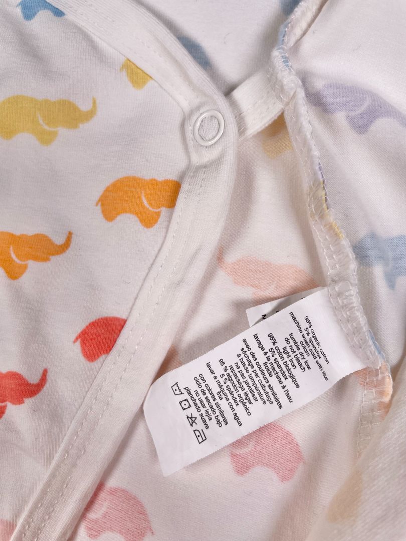 3-6 mo, Monica + Andy, White, Rainbow elephant print kimono tie one-piece, organic cotton + stretch