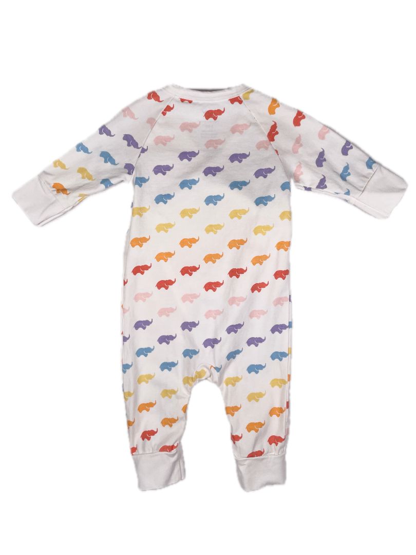 3-6 mo, Monica + Andy, White, Rainbow elephant print kimono tie one-piece, organic cotton + stretch
