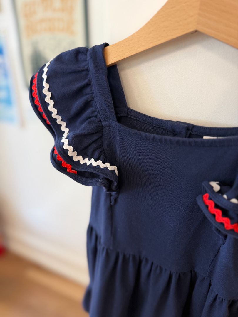 3/3T, Janie and Jack, Blue, Red/white ric-rac flutter sleeve tiered dress