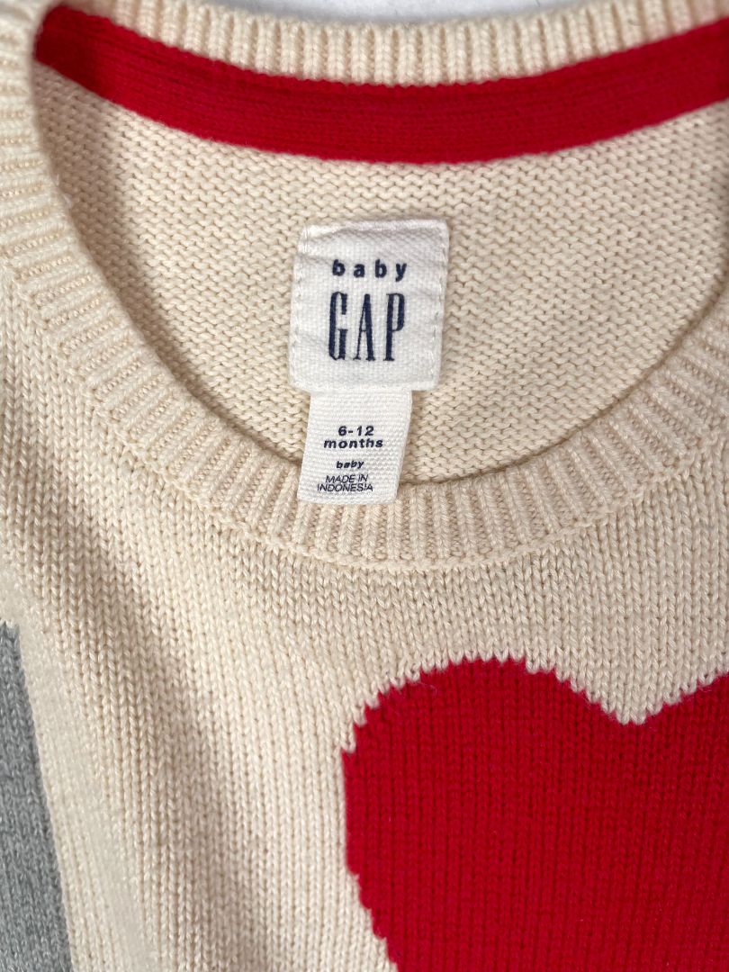 6-12 mo, babyGap, Cream, Grey "LOVE" knit puff-sleeve sweater with red heart