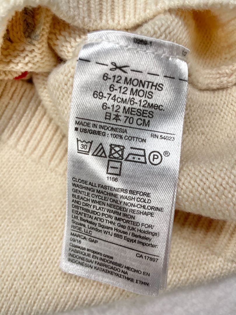6-12 mo, babyGap, Cream, Grey "LOVE" knit puff-sleeve sweater with red heart