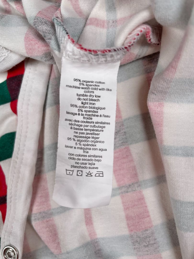 0-3 mo, Monica + Andy, White, Red/green plaid kimono tie one-piece, organic cotton + stretch