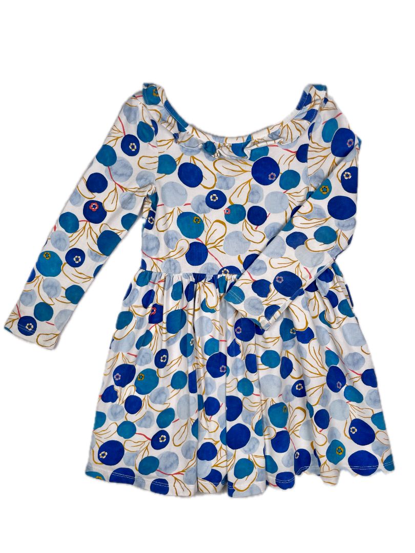 3/3T, Tea Collection, White, Blueberry print long-sleeve pleated skater dress, cotton + stretch