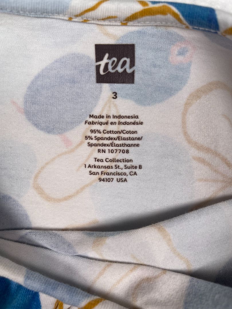 3/3T, Tea Collection, White, Blueberry print long-sleeve pleated skater dress, cotton + stretch