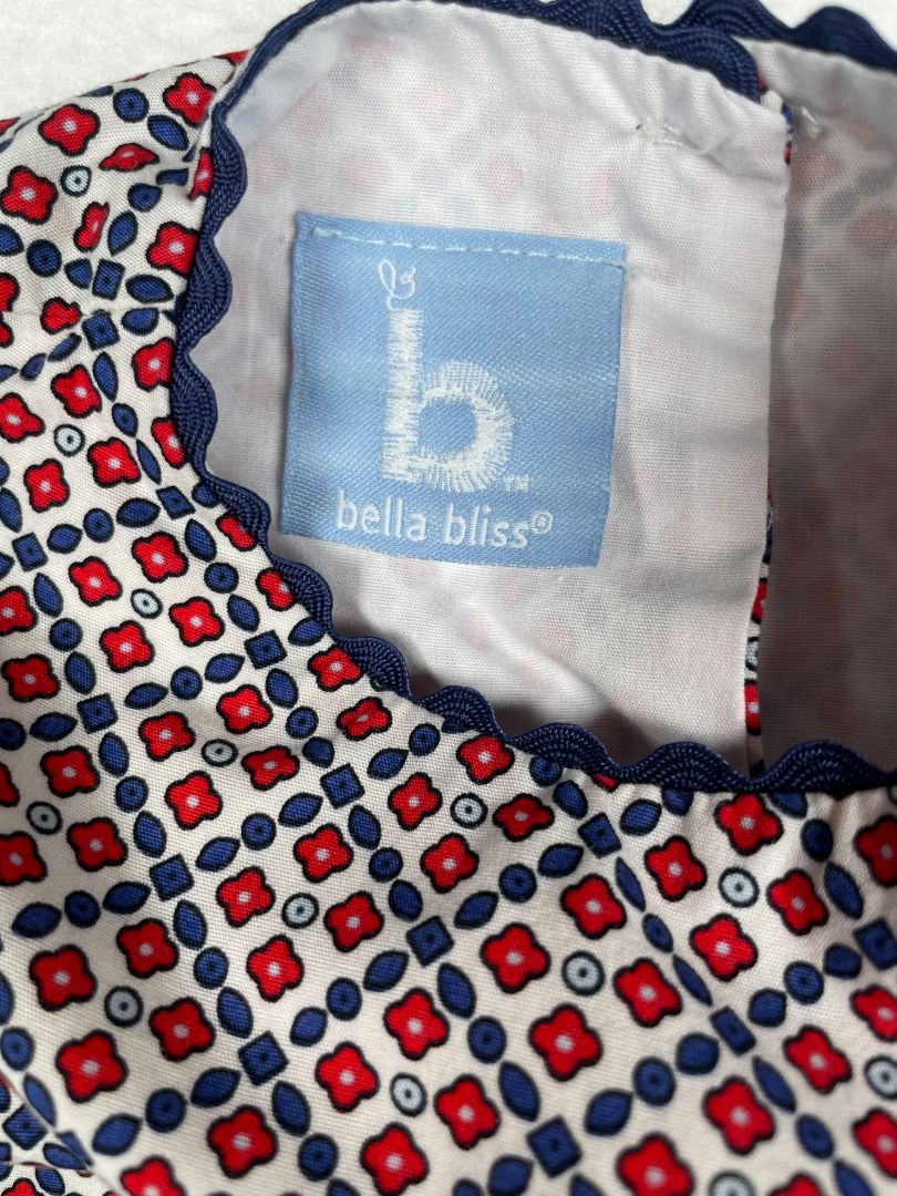 18 mo, Bella Bliss, White, Cap-sleeve blouse, red/blue pattern, ric-rac trim & blue bows