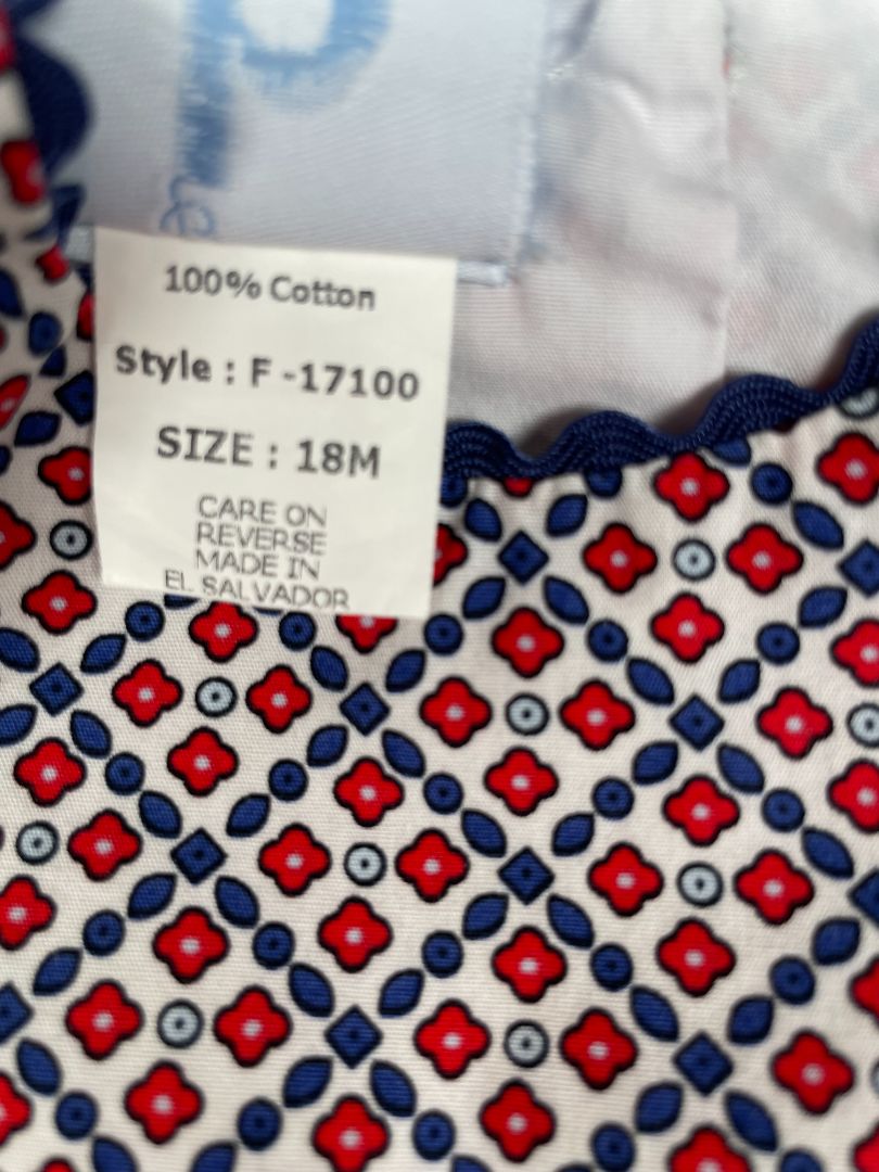 18 mo, Bella Bliss, White, Cap-sleeve blouse, red/blue pattern, ric-rac trim & blue bows