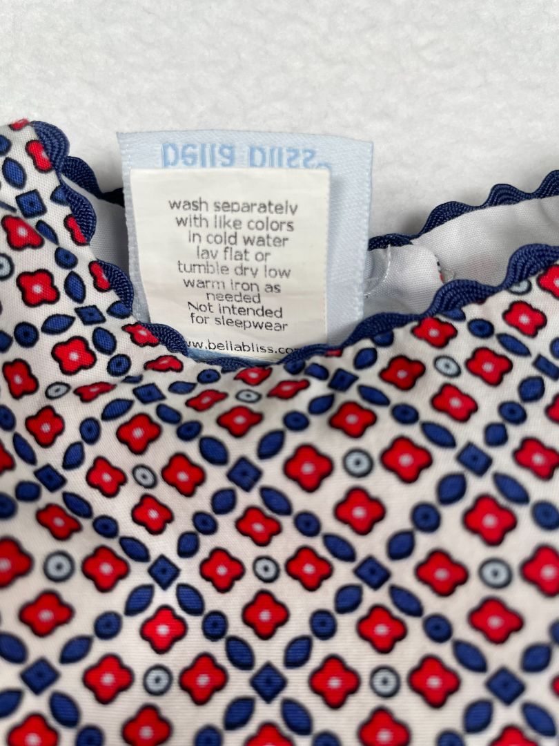 18 mo, Bella Bliss, White, Cap-sleeve blouse, red/blue pattern, ric-rac trim & blue bows