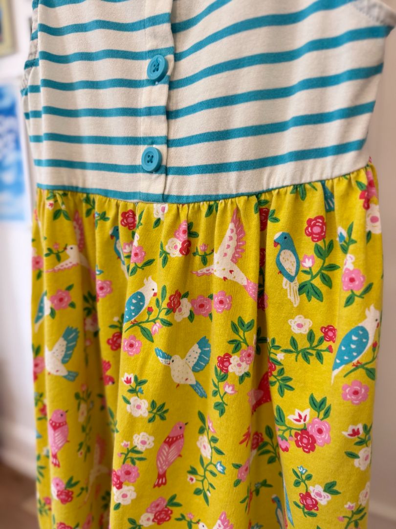 5-6, Boden, Yellow, Bow strap blue-striped button top dress with bird print skirt