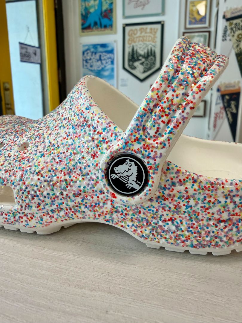 Size 10, Crocs, White, Rainbow glitter classic clogs