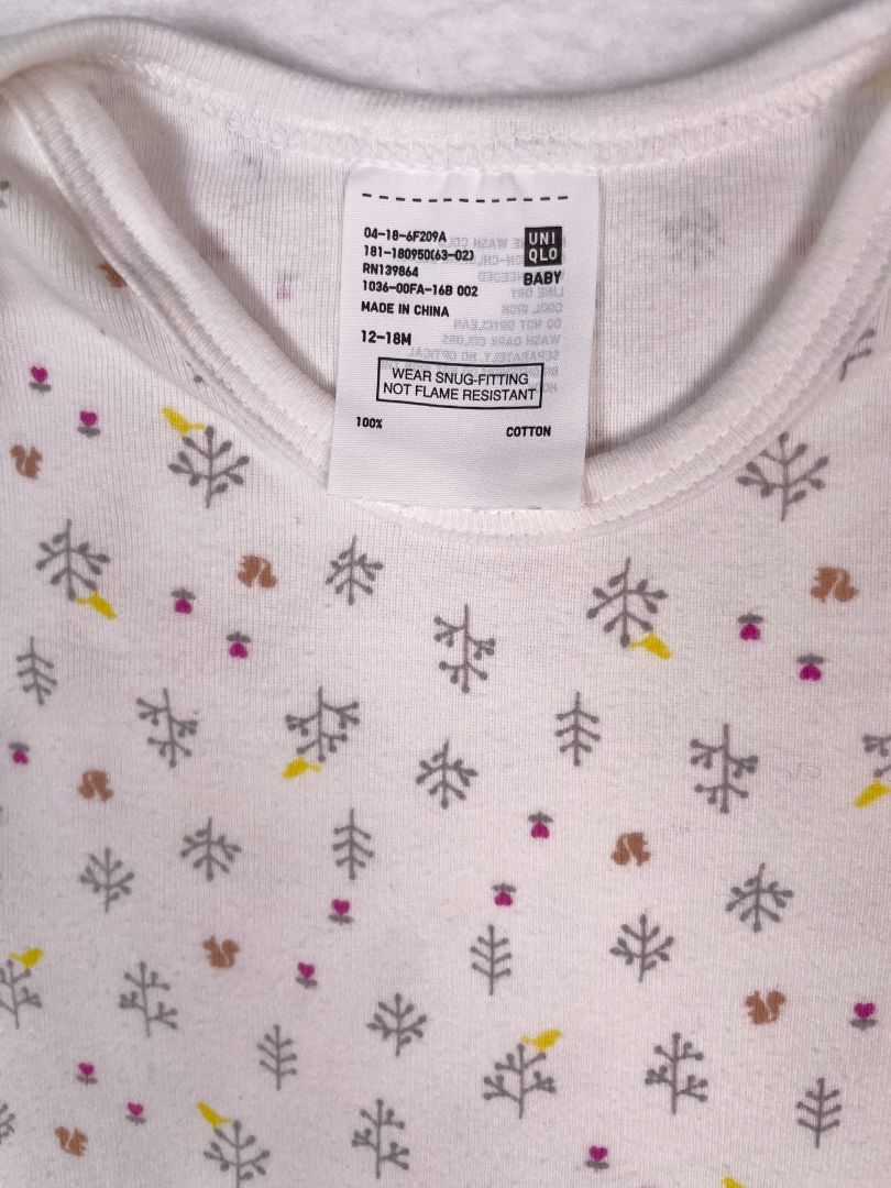 12-18 mo, Uniqlo, White, Small squirrel & floral print long-sleeve bodysuit