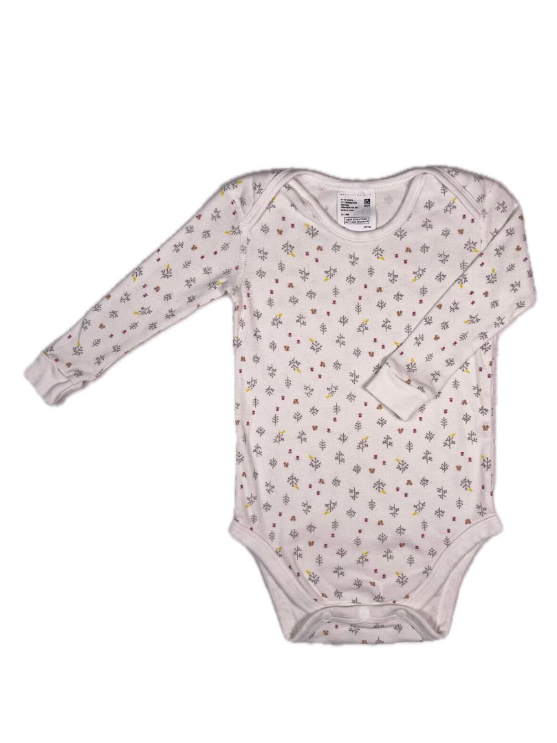 12-18 mo, Uniqlo, White, Small squirrel & floral print long-sleeve bodysuit