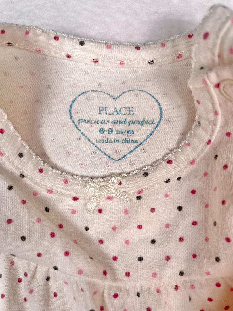 6-9 mo, The Children's Place, Cream, Small polka dot long-sleeve bodysuit, pinks/black, bow