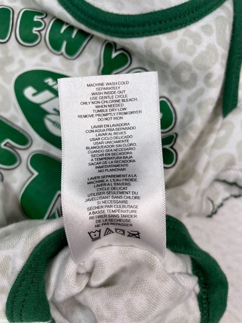 18 mo, NFL, White, NY Jets short-sleeve leopard print bodysuit, scallop thread sleeve, green