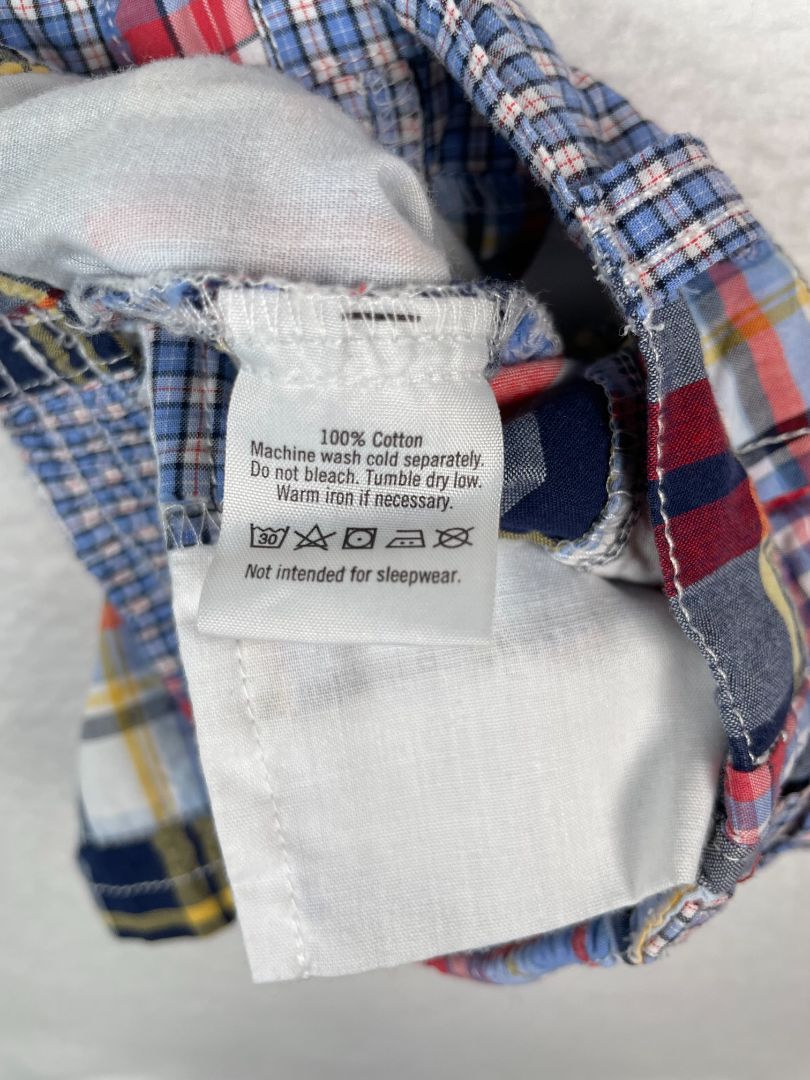 3-6 mo, Janie and Jack, Blue, Patchwork madras shorts, adjustable, red/yellow/white