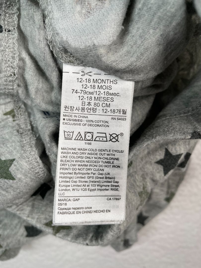 12-18 mo, babyGap, Grey, Green star print pull-on pants, decorative tie