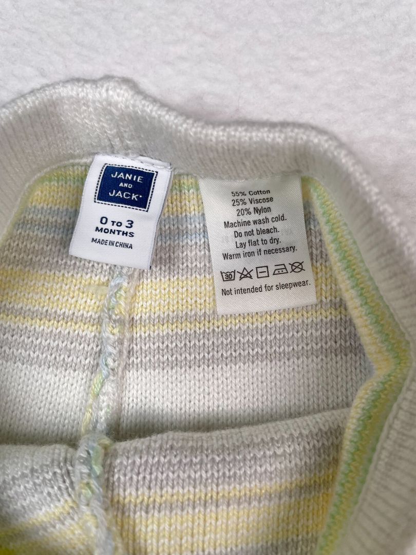 0-3 mo, Janie and Jack, White, Pastel striped sweater pants, green/yellow/blue/grey