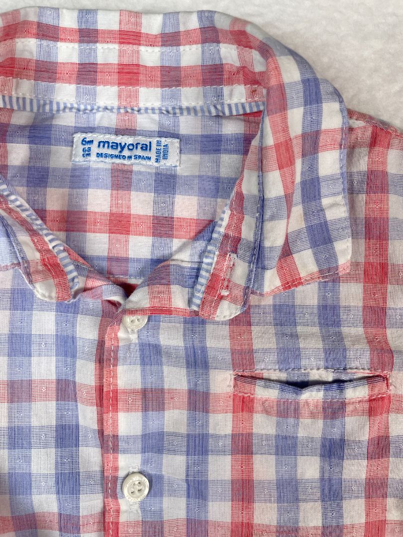 6 mo, Mayoral, White, Red/Blue gingham long-sleeve button-up shirt