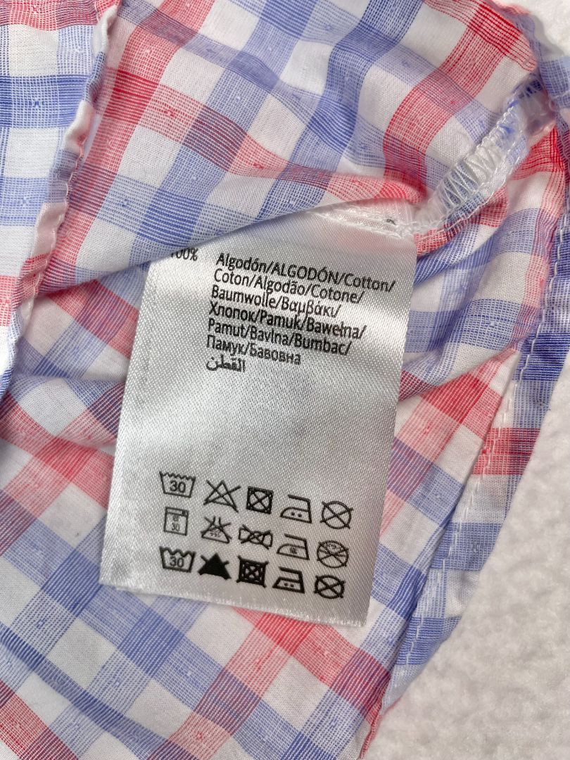 6 mo, Mayoral, White, Red/Blue gingham long-sleeve button-up shirt
