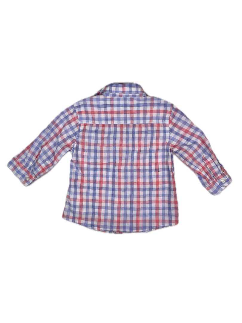 6 mo, Mayoral, White, Red/Blue gingham long-sleeve button-up shirt