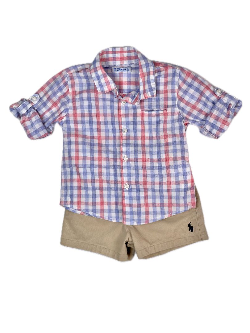 6 mo, Mayoral, White, Red/Blue gingham long-sleeve button-up shirt