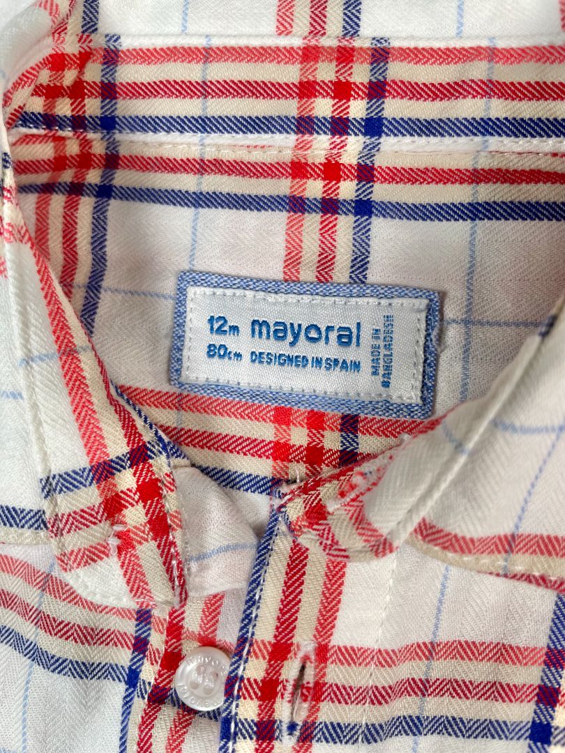 12 mo, Mayoral, White, Plaid long-sleeve button-up shirt, red/blue/cream