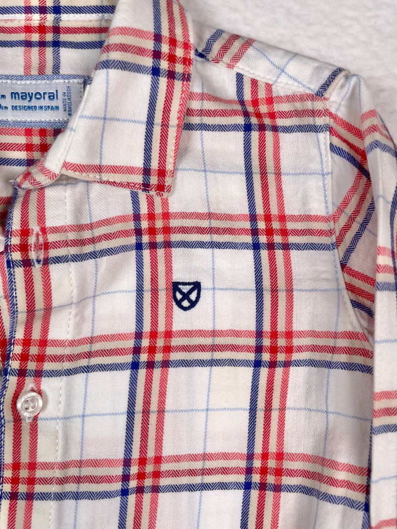 12 mo, Mayoral, White, Plaid long-sleeve button-up shirt, red/blue/cream