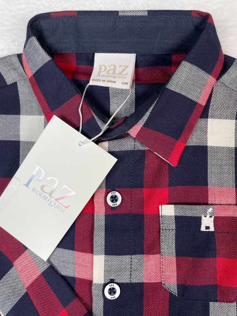 12 mo, Paz Rodríguez, Blue, New w/ tags - Plaid light woven long-sleeve button-up shirt, red/white