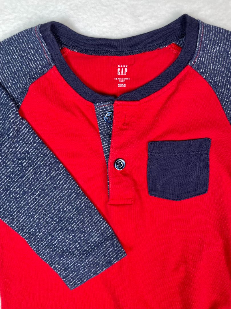 12-18 mo, babyGap, Red, Long-sleeve bodysuit, blue striped sleeves & pocket
