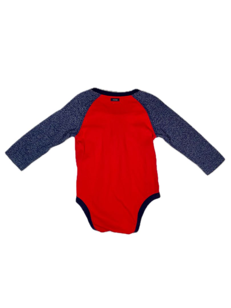 12-18 mo, babyGap, Red, Long-sleeve bodysuit, blue striped sleeves & pocket