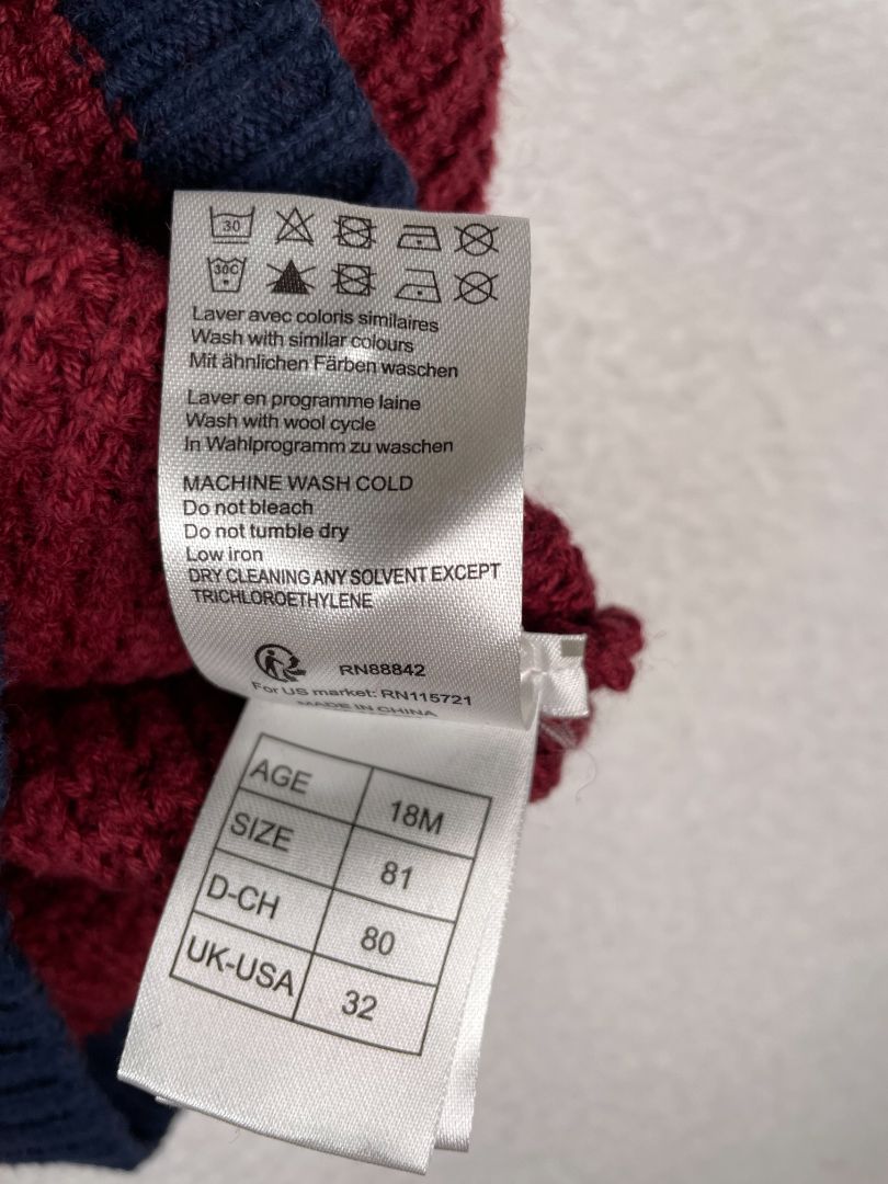 18 mo, Cyrillus, Red, Large-knit sweater, navy hems, buttons at collarbones, cotton + wool mix