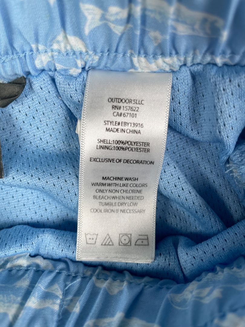 24 mo, Eddie Bauer, Blue, Fish print pull-on swim trunks, decorative tie