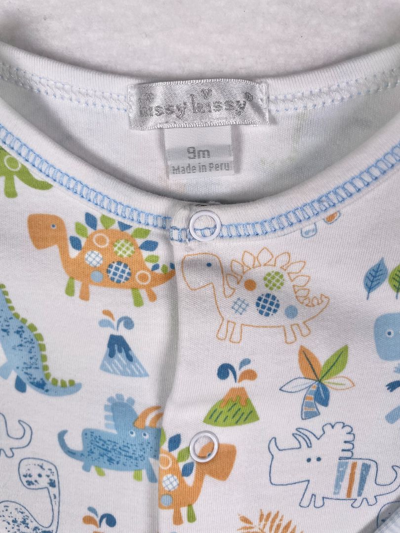 9 mo, Kissy Kissy, White, Pima cotton dinosaur playsuit, blue/green/orange