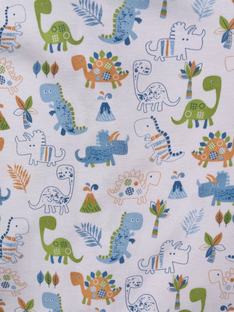9 mo, Kissy Kissy, White, Pima cotton dinosaur playsuit, blue/green/orange