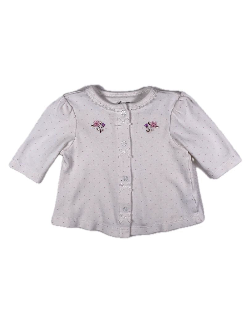 Newborn, Little Me, White, Pink polka dot snap-up long-sleeve shirt/layer w/ bows & embroidered flowers