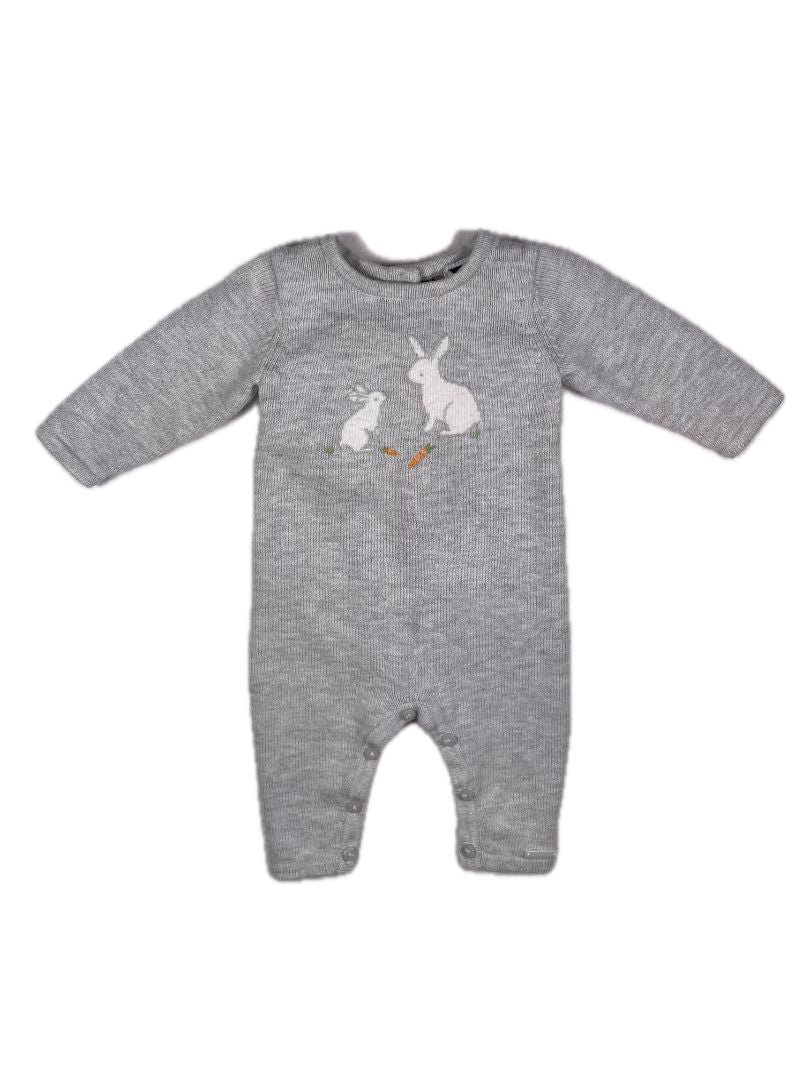 0-3 mo, Janie and Jack, Grey, Bunnies + carrots knit coverall, button legs, pockets on rear