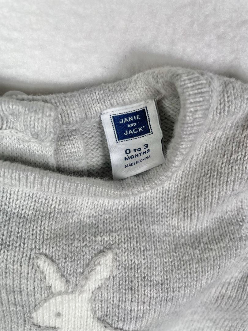0-3 mo, Janie and Jack, Grey, Bunnies + carrots knit coverall, button legs, pockets on rear