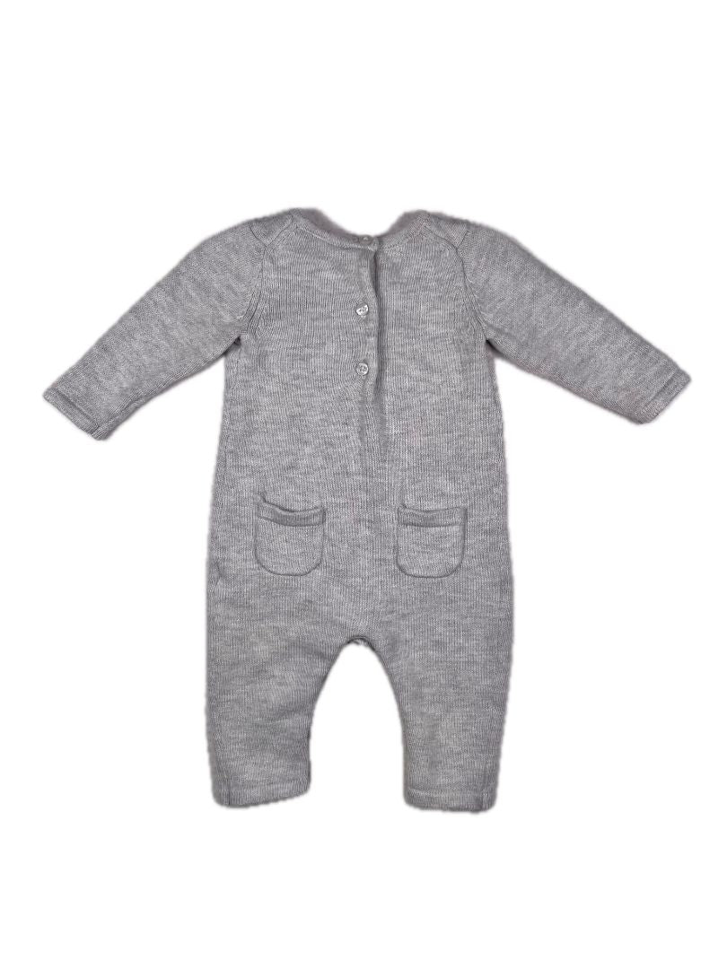 0-3 mo, Janie and Jack, Grey, Bunnies + carrots knit coverall, button legs, pockets on rear