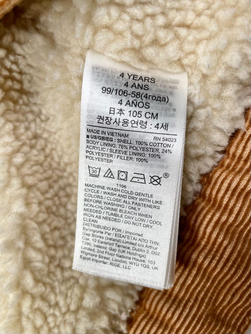 4/4T, GAP, Brown, Corduroy snap-up jacket, sherpa lining