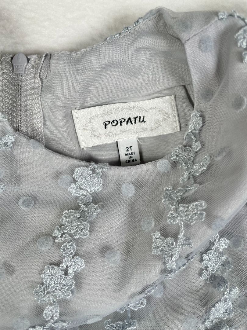 2/2T, Popatu, Grey, Tulle dress w/ floral & polka dot lace overlay, flutter sleeve