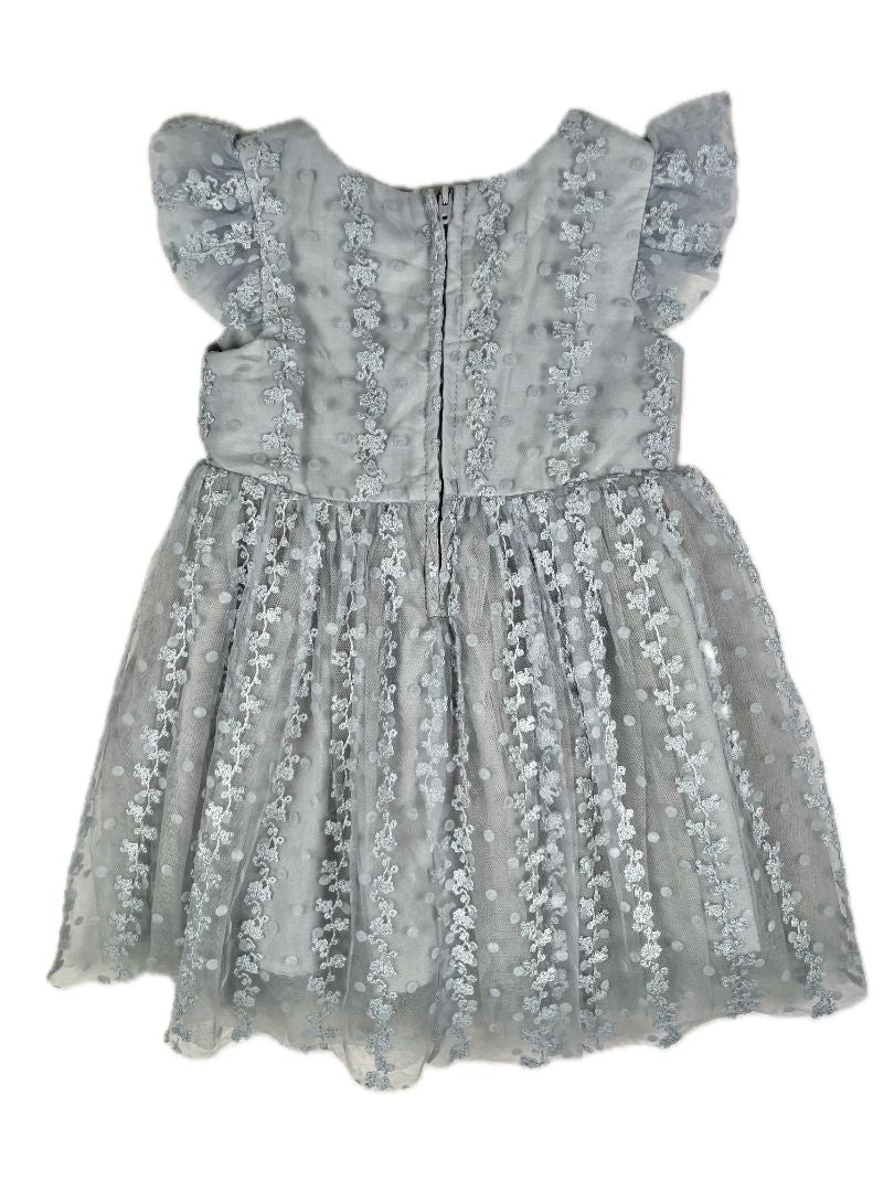 2/2T, Popatu, Grey, Tulle dress w/ floral & polka dot lace overlay, flutter sleeve