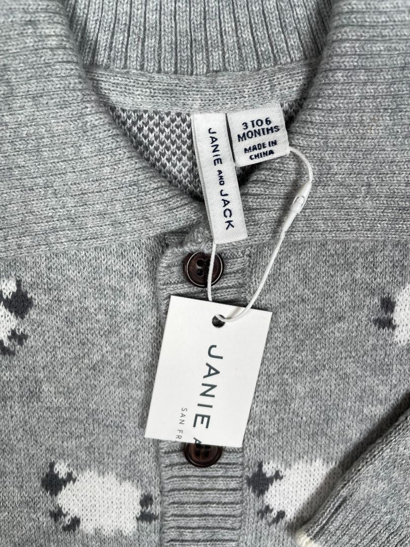 3-6 mo, Janie and Jack, Grey, New w/ tags - Jacquard sheep button-up collared cardigan
