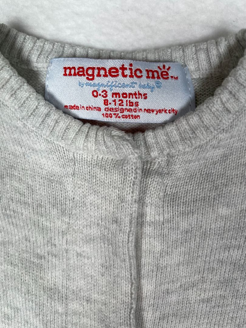 0-3 mo, Magnetic Me, Grey, Knit coverall, blue elephants & striped sleeves, magnetic closure