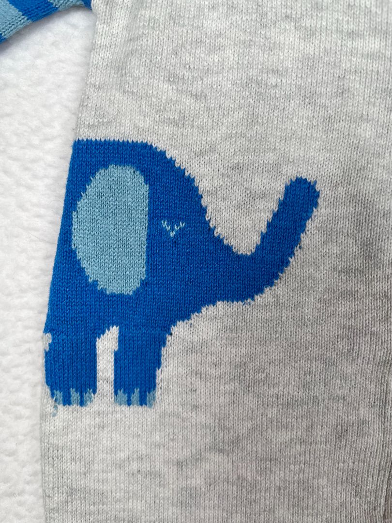 0-3 mo, Magnetic Me, Grey, Knit coverall, blue elephants & striped sleeves, magnetic closure
