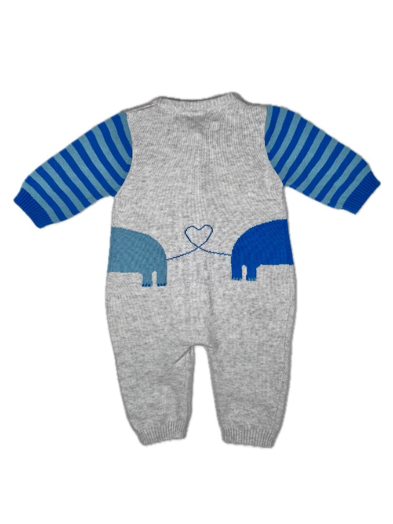 0-3 mo, Magnetic Me, Grey, Knit coverall, blue elephants & striped sleeves, magnetic closure