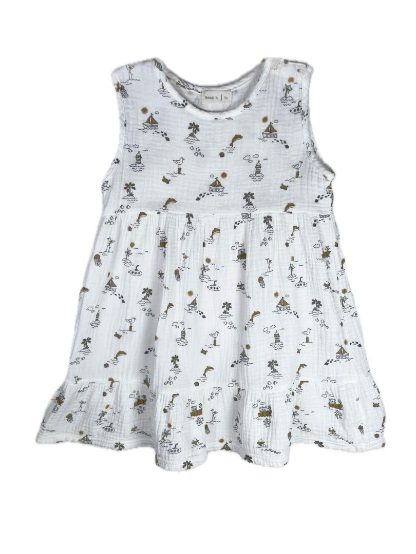 2/2T, Bean's Barcelona, White, Muslin boat / sea print sleeveless dress