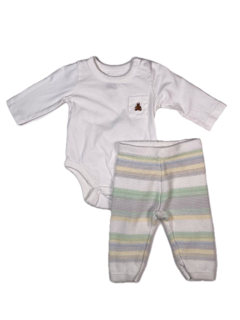 0-3 mo, Janie and Jack, White, Pastel striped sweater pants, green/yellow/blue/grey