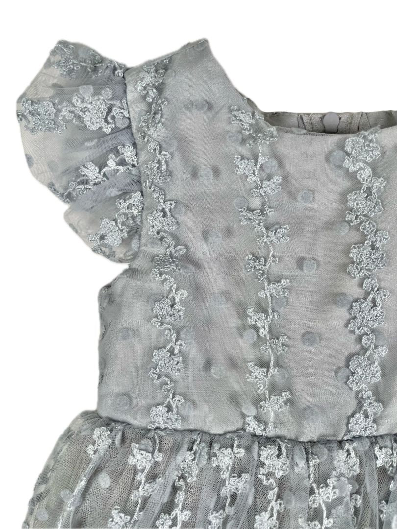 2/2T, Popatu, Grey, Tulle dress w/ floral & polka dot lace overlay, flutter sleeve