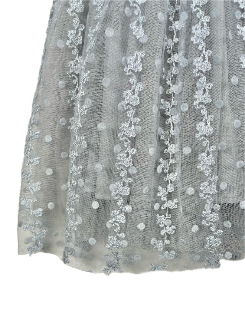 2/2T, Popatu, Grey, Tulle dress w/ floral & polka dot lace overlay, flutter sleeve